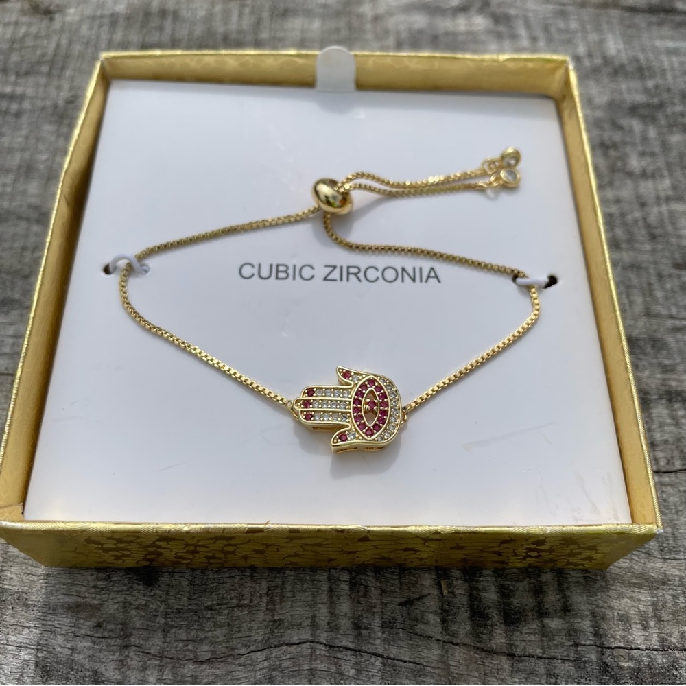 NWT Gold and pink Hamsa hand cubic zirconia bracelet - Picture 5 of 8